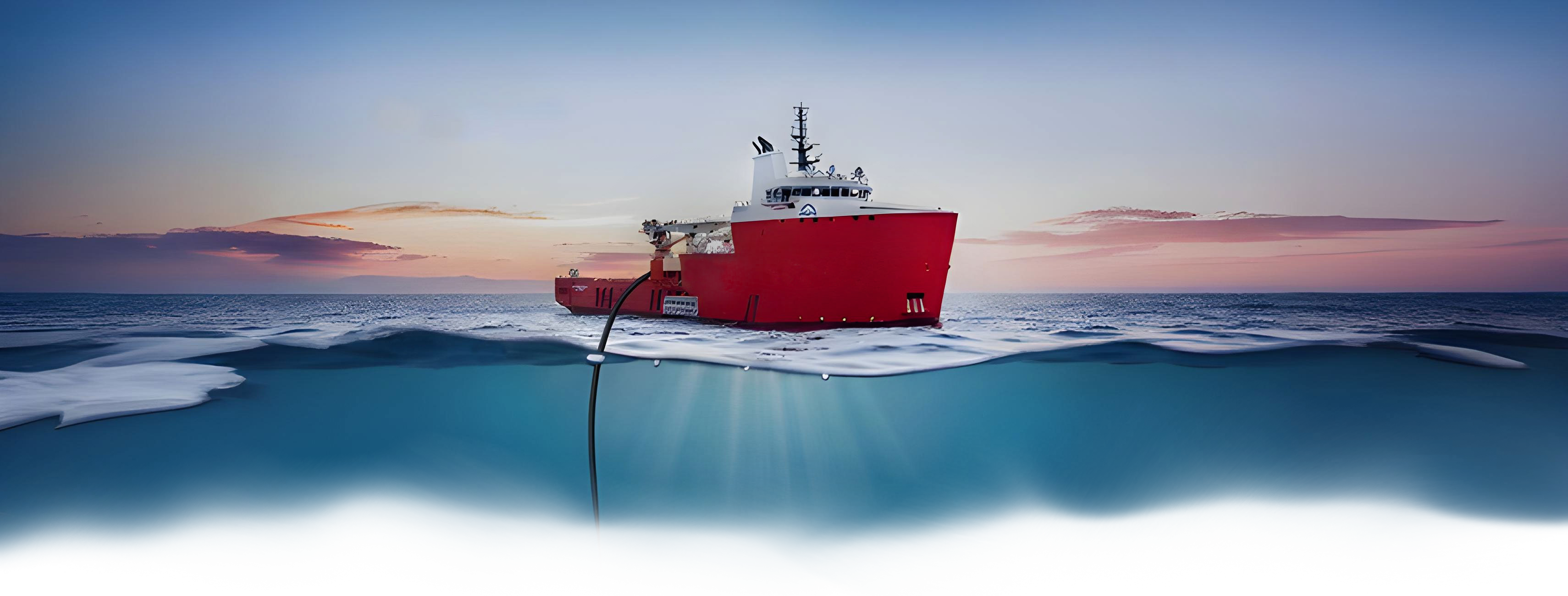 AI generated Offshore vessel and crew recovering a deep-sea cable at sunset.
